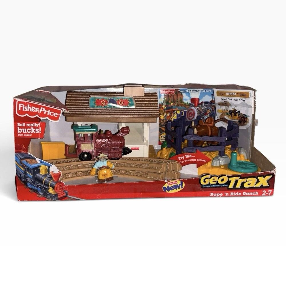 New Fisher-Price GEO TRAX Rope'n Ride Ranch The Oldest Team Meet Old Rust & Tex